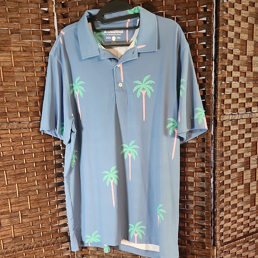 Chubbies Blue and Green Polo Shirt with Tropical Palm Golf Design